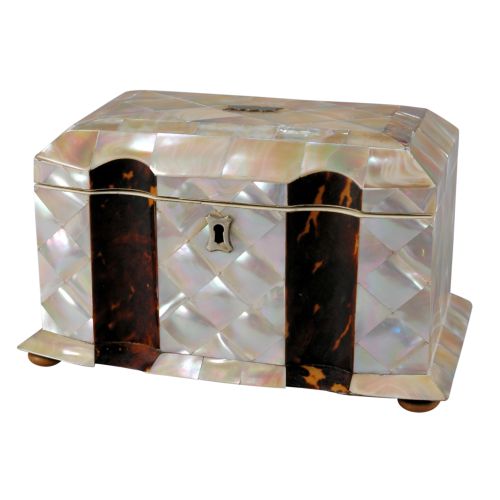 FIND ANTIQUE MOTHER OF PEARL TEA CADDY WITH TORTOISESHELL PANELS FOR SALE