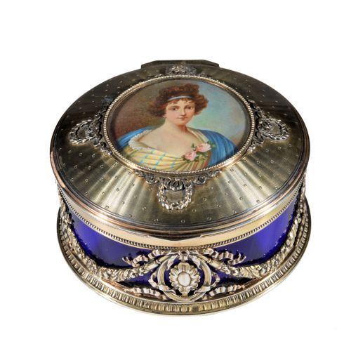 FIND ANTIQUE SILVER AND GLASS BOX WITH PAINTING TO TOP