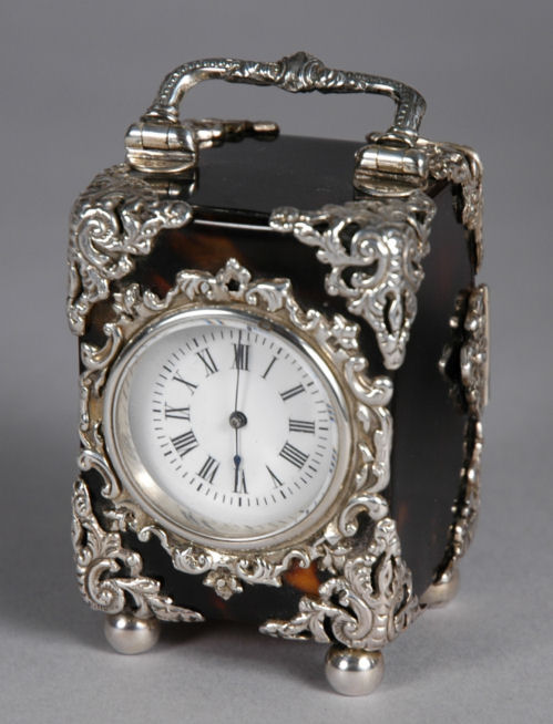 FIND ANTIQUE TORTOISESHELL AND SILVER CARRIAGE CLOCK FOR SALE.