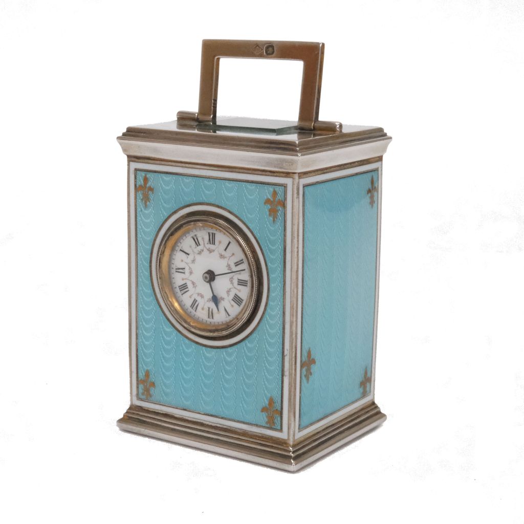FIND ANTIQUE BLUE ENAMEL AND SILVER CARRIAGE CLOCK FOR SALE