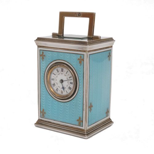 FIND ANTIQUE BLUE ENAMEL AND SILVER CARRIAGE CLOCK FOR SALE